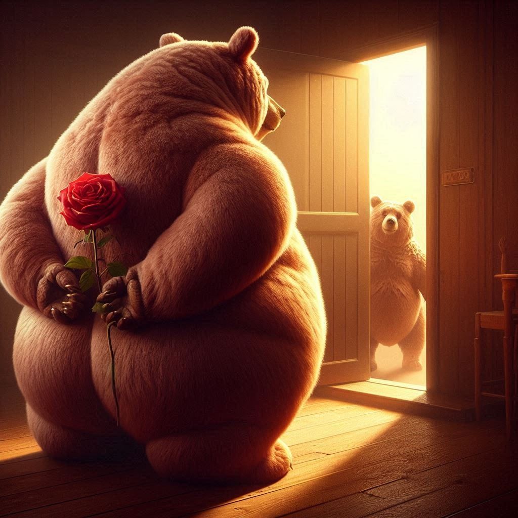 An obese Bear with his back to the camera, facing the door, paws behind him, clutching a bright red rose; another Bear standing at the door ...