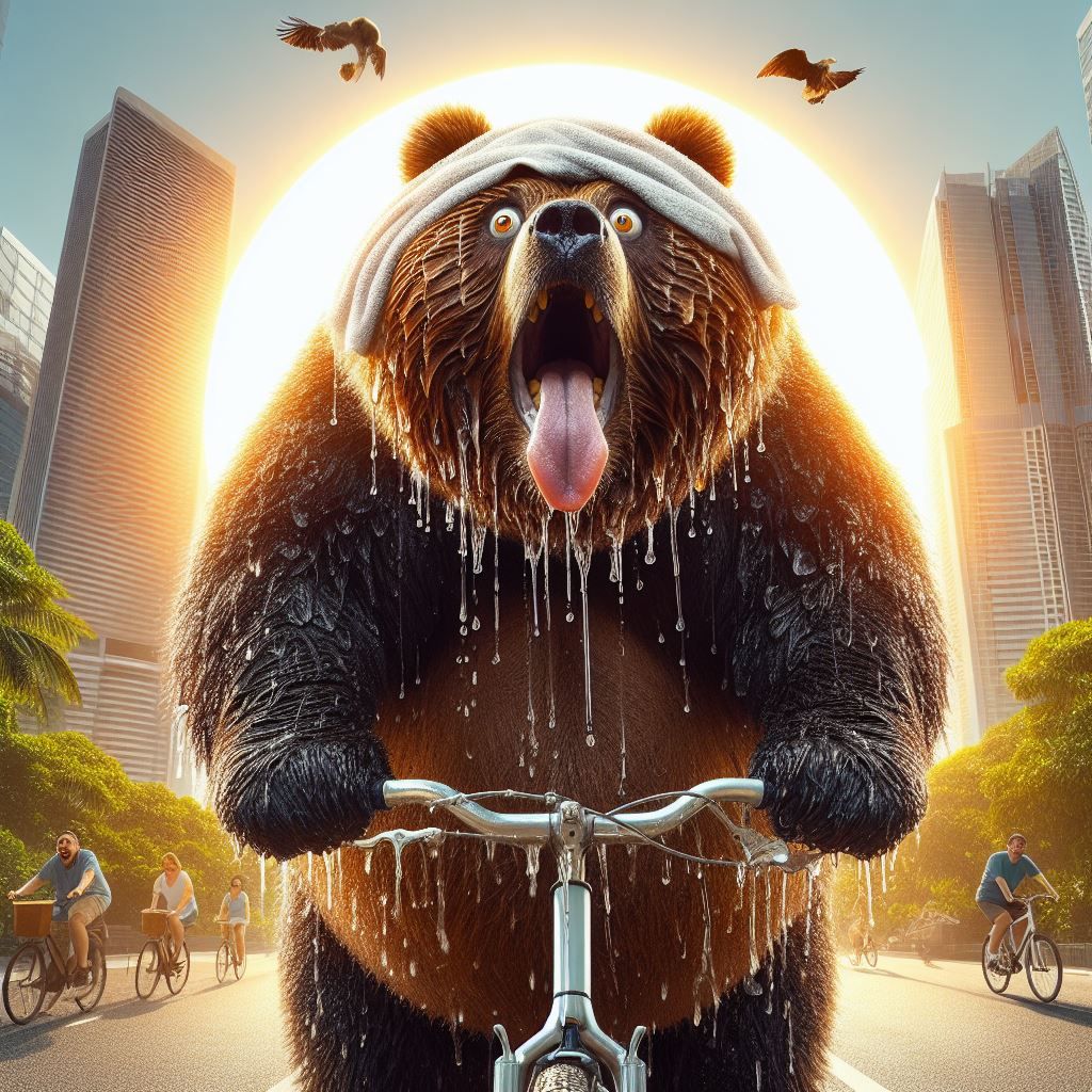 panoramic Telephotograph: Dramatic Panic Surprised Obese Grizzly Bear, dripping sweat, extreme effort looking up tragic cross-eyed, riding h...