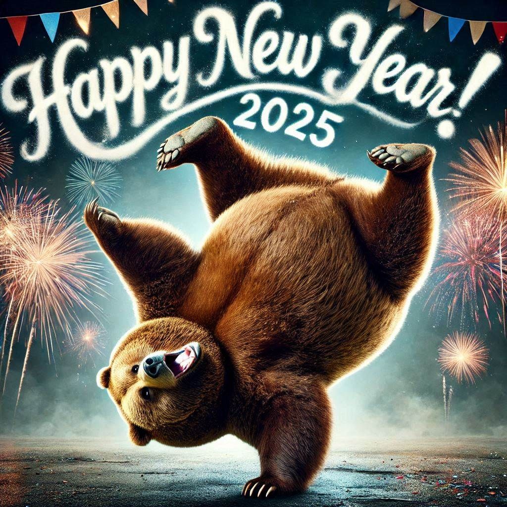 excited obese Grizzly Bear; doing a handstand; in an Exaggerated pose; with feet pointing up; calligraphic smoke says: "HAPPY NEW YEAR! 2025...