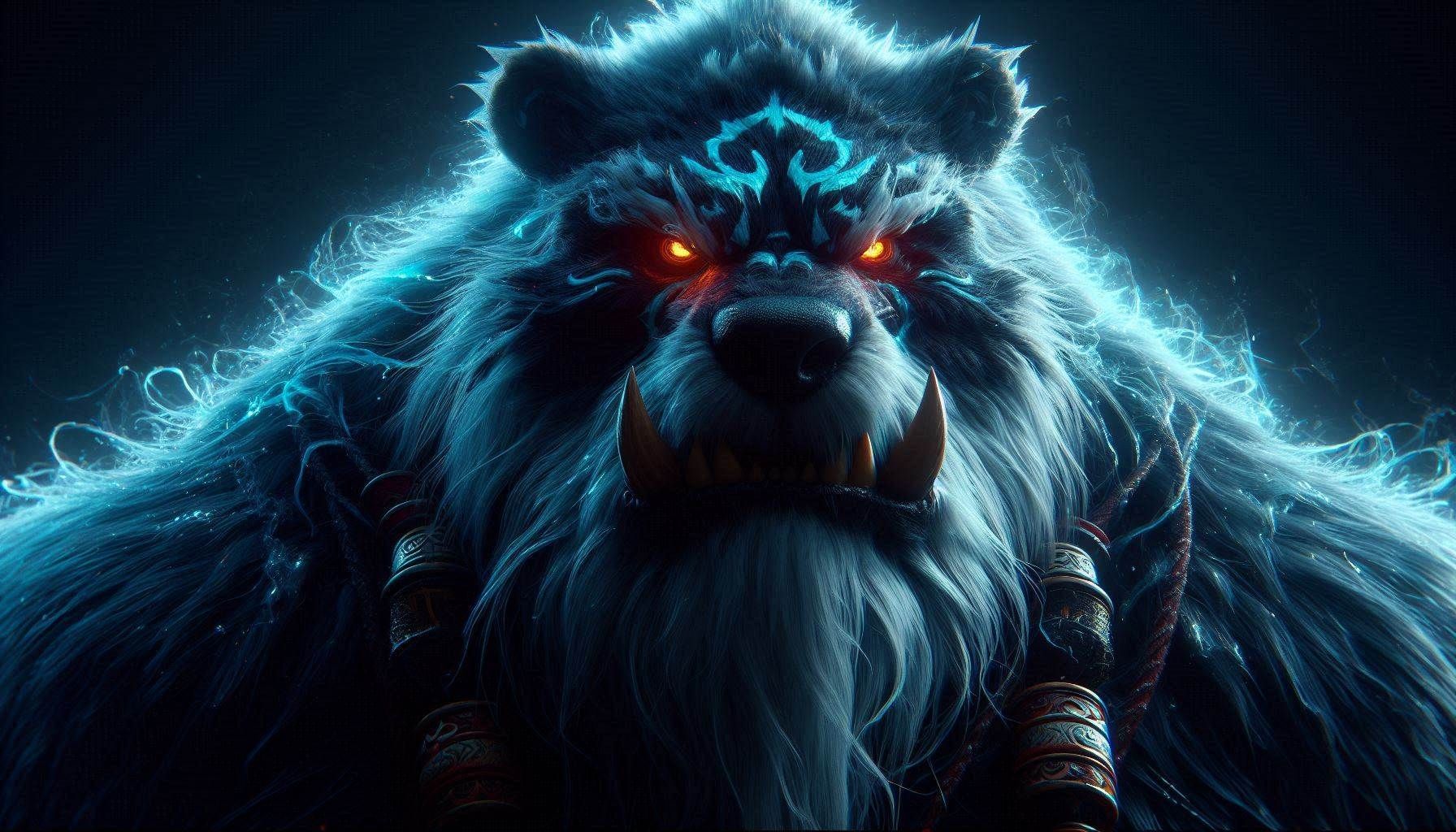 Close-up animation Portrait: ominous sarcastic obese Bear-Water Elemental; casting hydro essence; looking massive and focused; in rising dar...