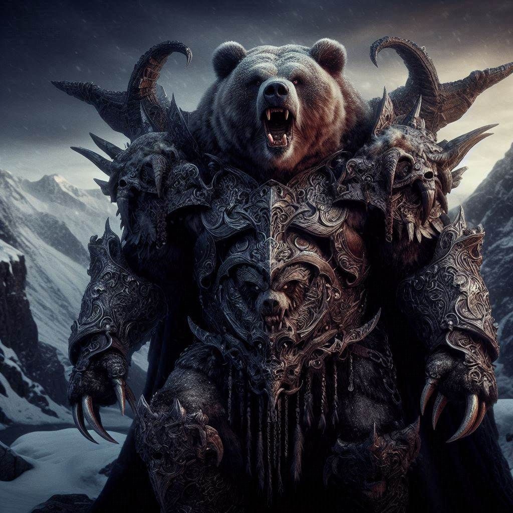 Photograph: "Intimidating obese Kodiak Bear in full Demon-armor; in elemental darkness;
