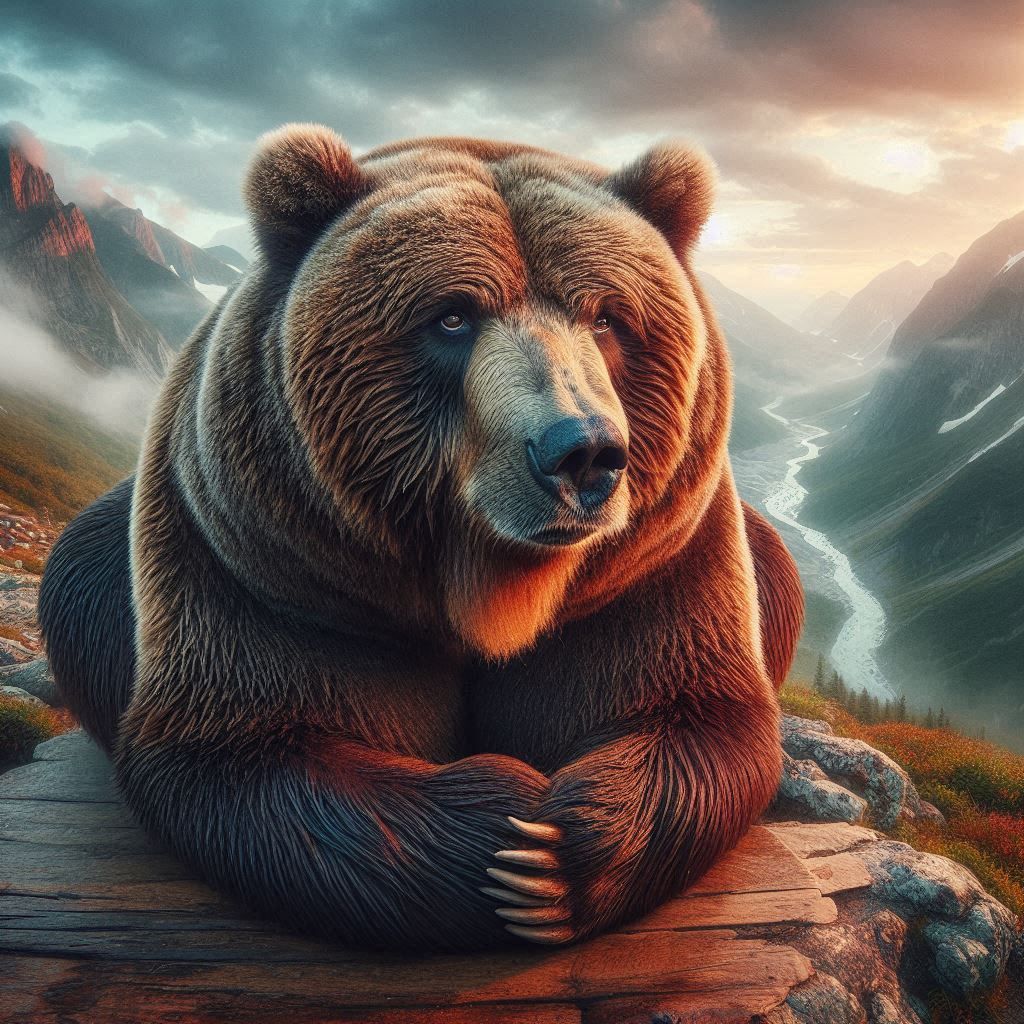 Panoramicrophotograph: Obese Kodiak Bear; all in your face; looking sarcastic;
