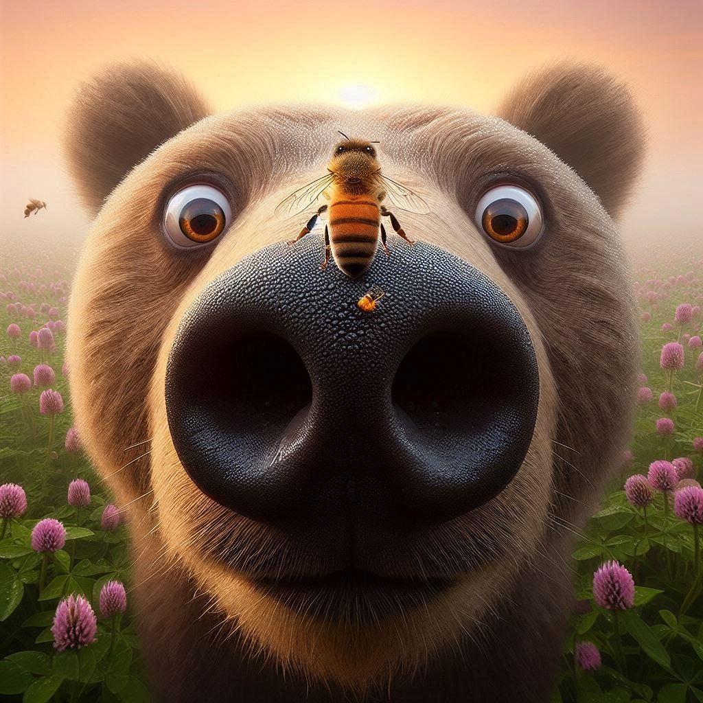 Close-up: nose of surprised Obese Bear; The cheeky Bear has wide eyes; pupils enlarged; honey bee on Bear's nose is focus; Bear's mouth is s...