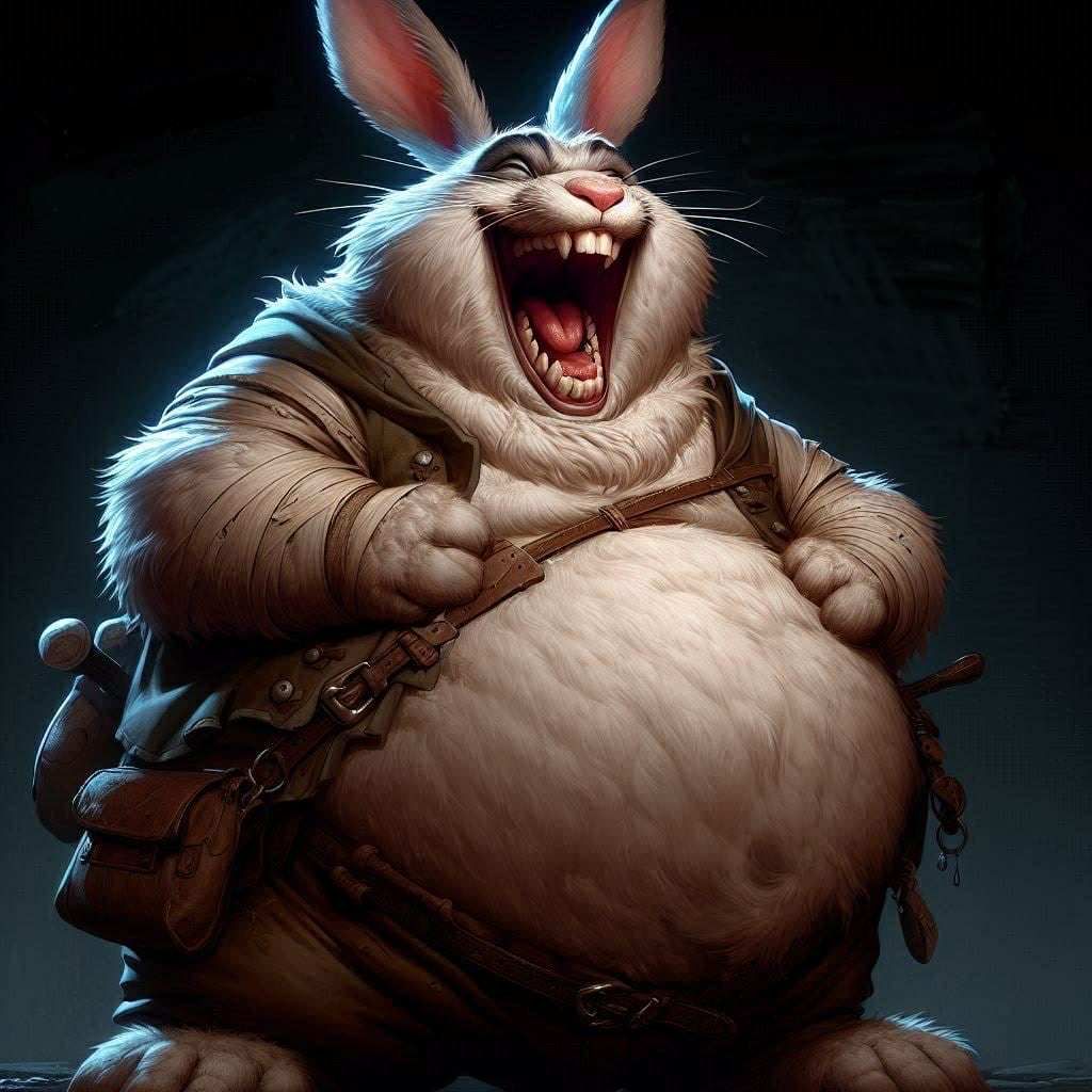 D&D Character Concept Art: excited obese hysterical laughing Rabbit; looking hilarious holding his fuzzy stomach; hunched forward demented a...