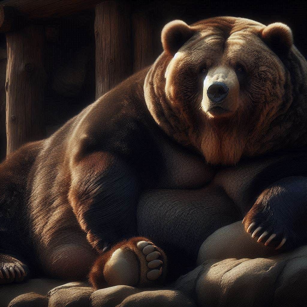 Photograph: "Obese Kodiak Bear"; relaxing in elemental darkness;
