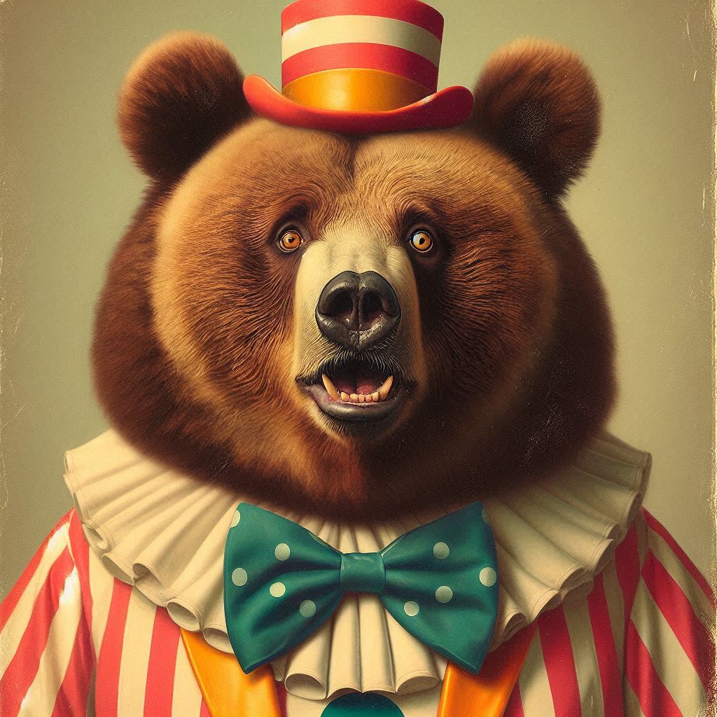 vintage Norman Rockwell style portrait: obese Kodiak Bear-Clown; looking at the viewer with surprised sarcasm; wearing Circus attire;
