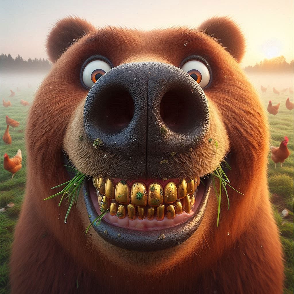 Close-up: nose of surprised Obese Bear; The cheeky Bear has gold teeth; grass is stuck in his teeth; pupils enlarged; Bear's dirty grill is ...
