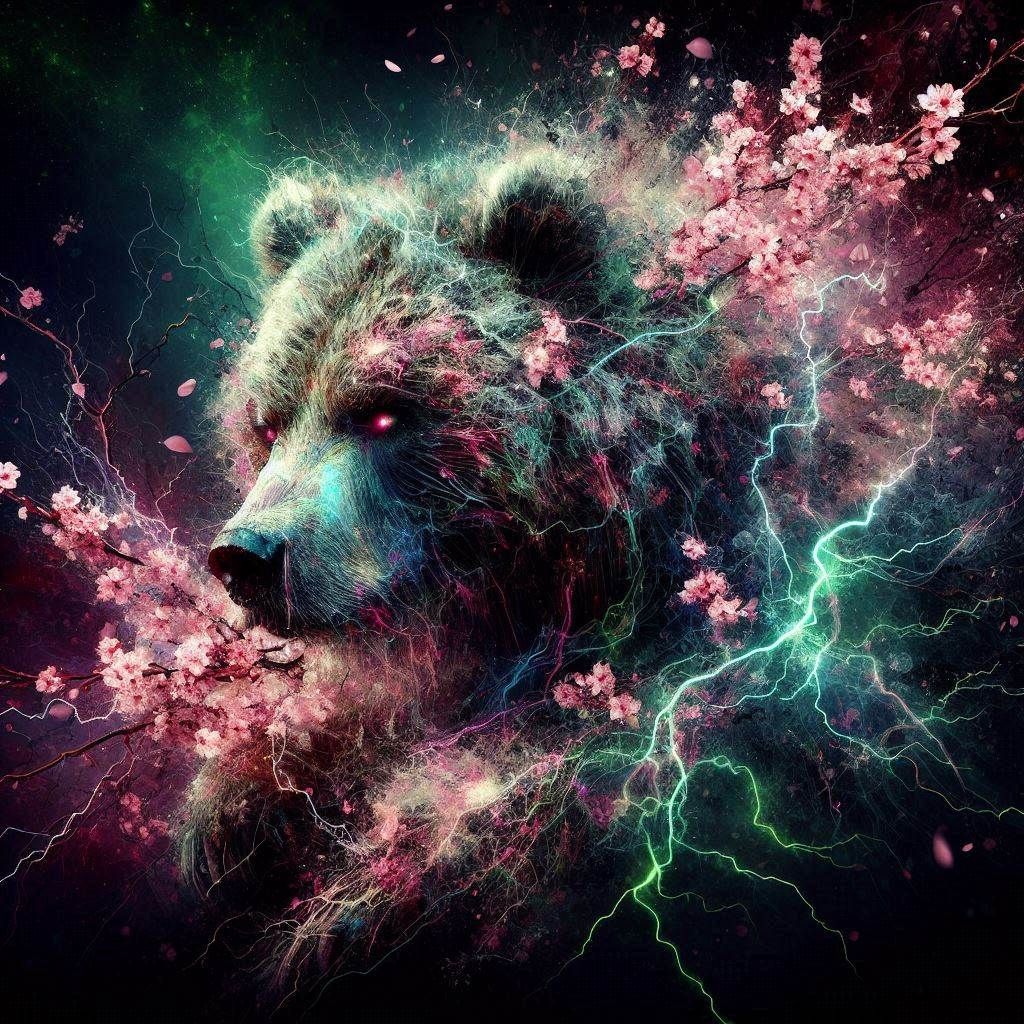 Digital Vaporization Art: Grizzly Bear; disintegrating into Sakura-blossom ; casting green-static lightning; intense electric storm-lit dark...