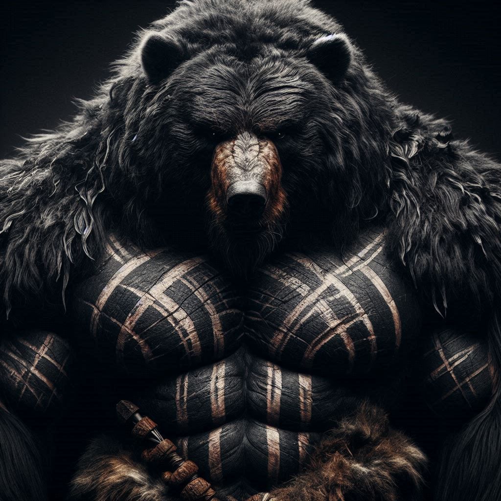 Close-up Photograph: Mythic Legions- "Ominous obese Kodiak Bear Barbarian"; in dark fur inlayed with tribal-scars; standing in elemental dar...