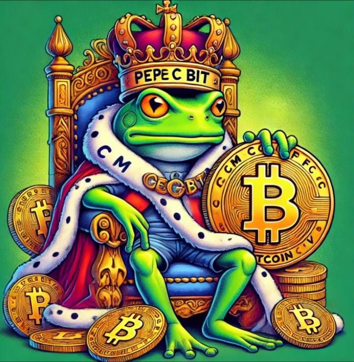 Make an image with a frog king holdin a very large coin that states PEPE BIT -2025- on it And a white flag behind the king with the letters ...