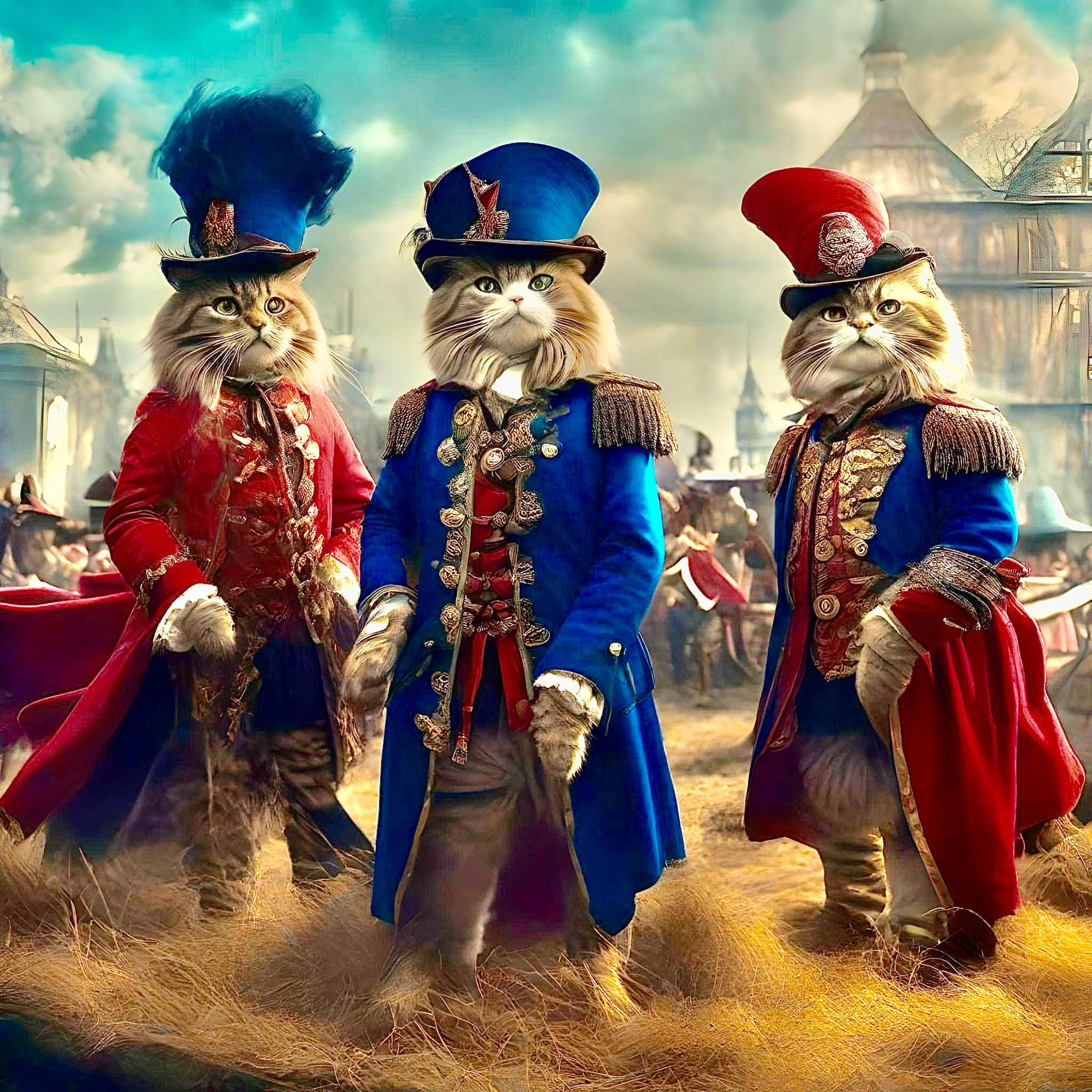 Blue and red fantasy cats as the three mouseketeers: the Final Frontier where no mouse is safe!
