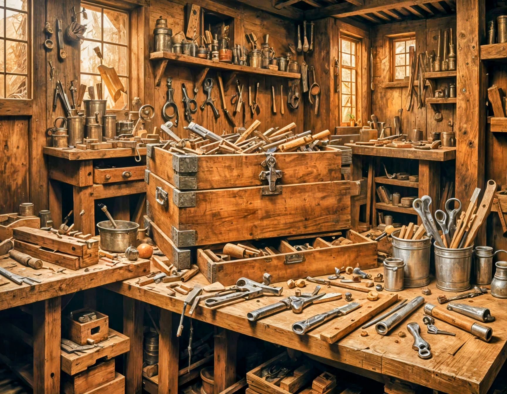 based on a clock from Brian Law's wooden clocks website hanging on a workshop wall. Hyperrealistic, splash art, concept art, mid shot, intri...