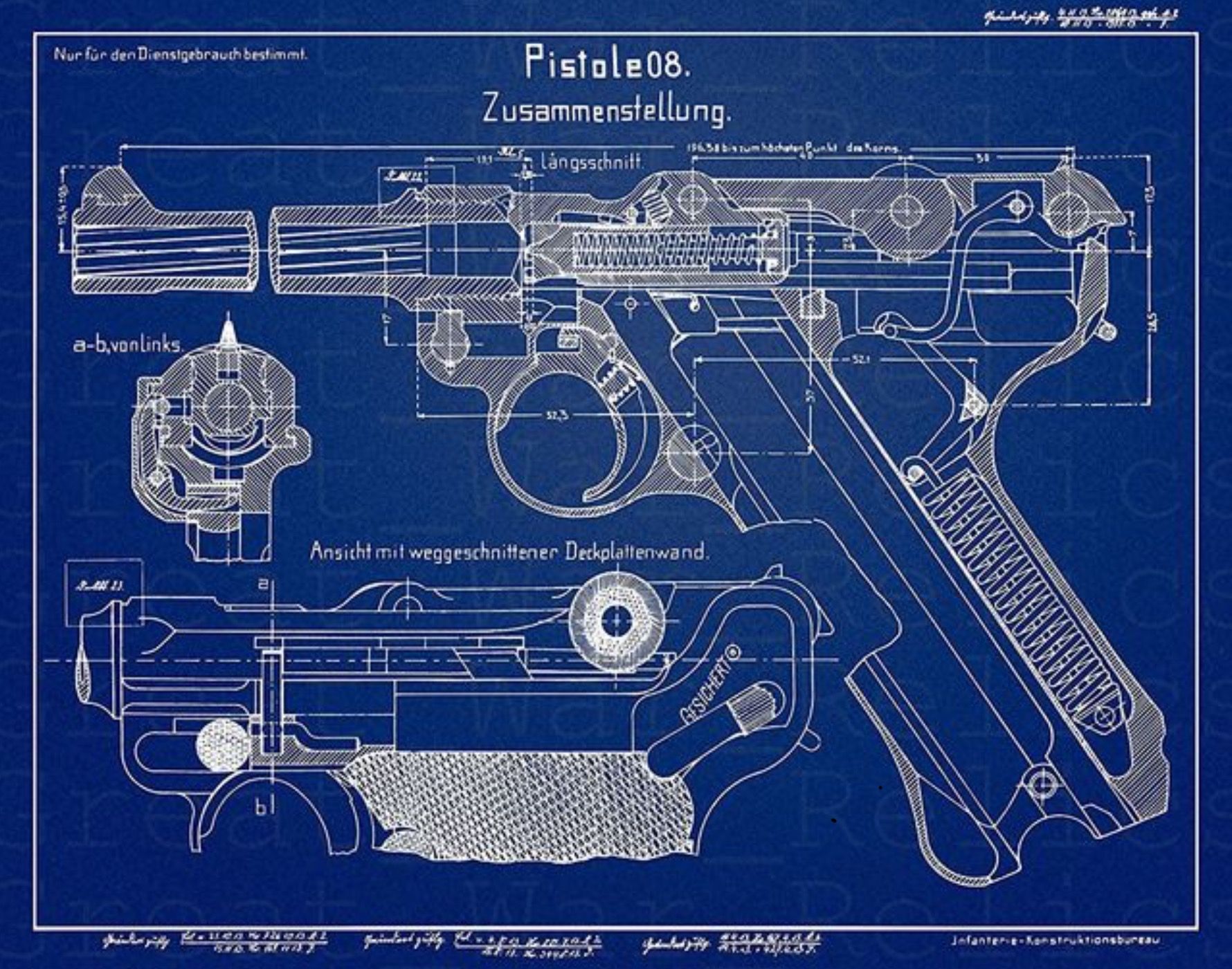 <lora:1st choice:1.0> A blueprint of an engineering drawing depicting a pistol in 3 views, on an A0 drawing sheet slightly wrinkledl