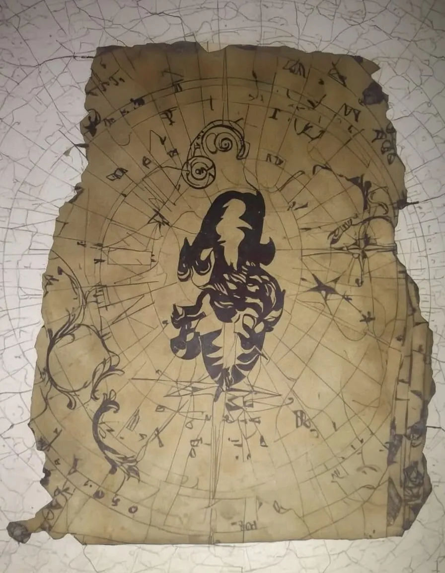 Leo astrological sign in center of the old map. Inked initials "DE" attached below the Leo sign. 