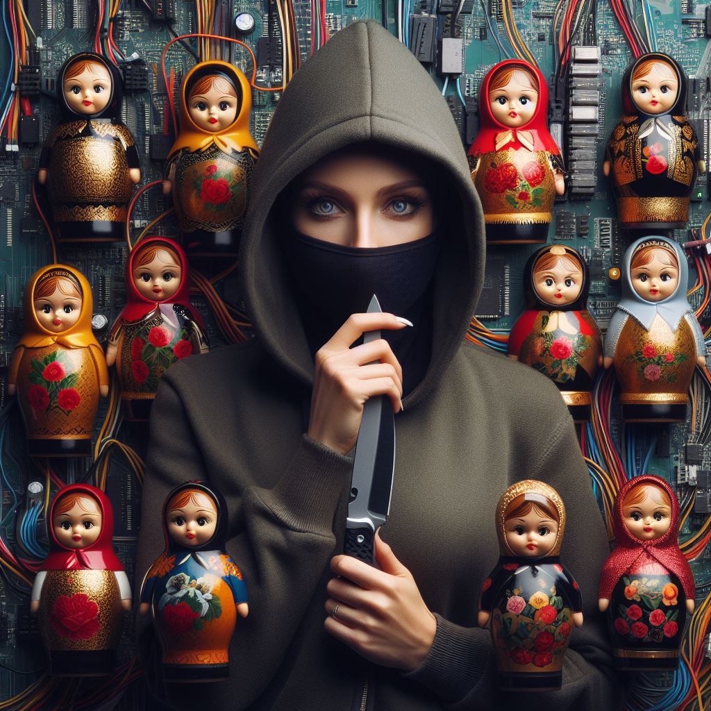 modern Russian woman spy with dark hair and dark spy hat spy with a hand gun surrounded by traditional Russian Dolls wired to a circuit boar...