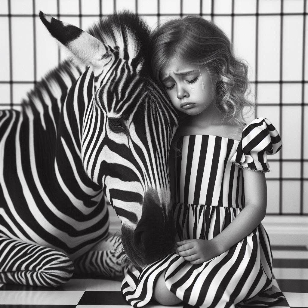 sad tearful young girl in a b&w lined dress petting a checkered zebra in a b&w lined room