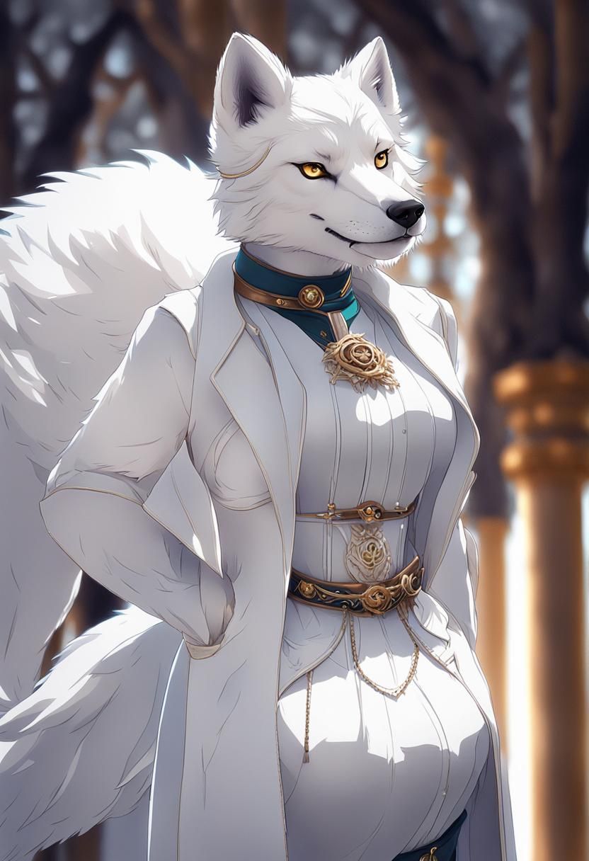 Anthropomorphic beautiful wolf woman wearing jeans a turtle neck sweater and trench coat 