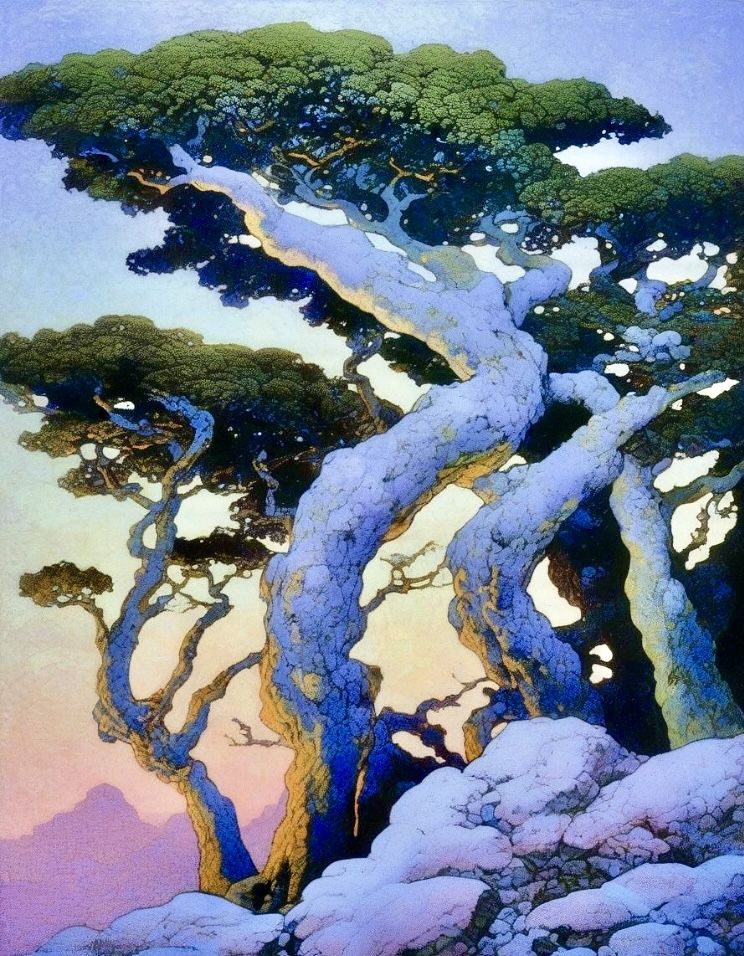 Illustration by Maxfield Parrish of twisted pines in the gloaming, Natural Lighting, Beautiful Composition