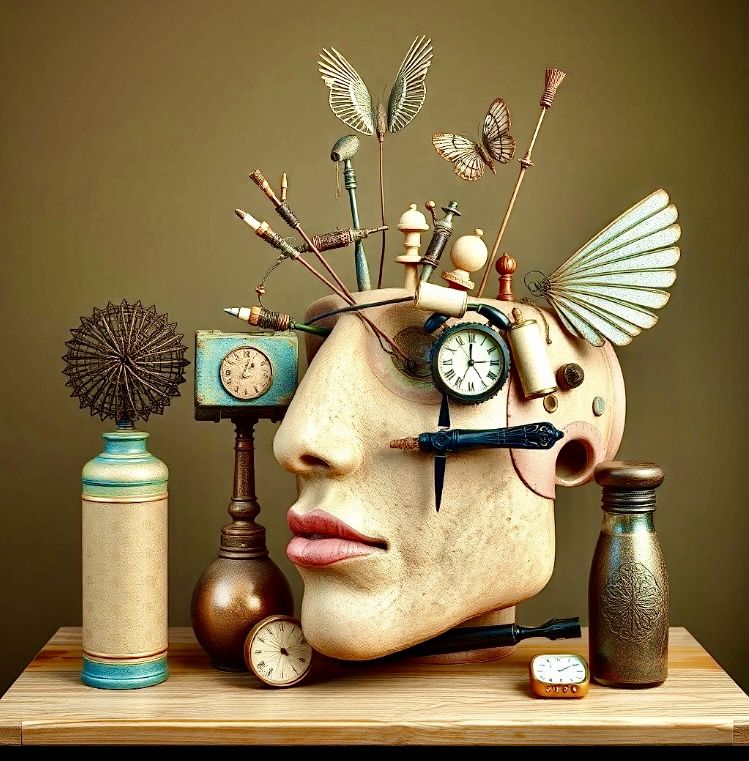 Assemblage art arranged on a table suggesting the themes of time and mortality 