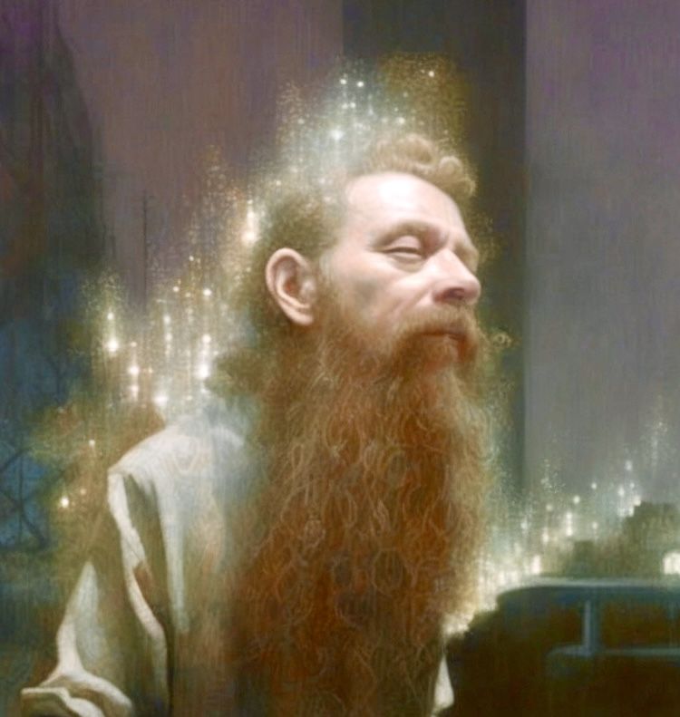 Touched, old man bathed in sparkling light with closed eyes receiving the gift, surreal, photorealistic 