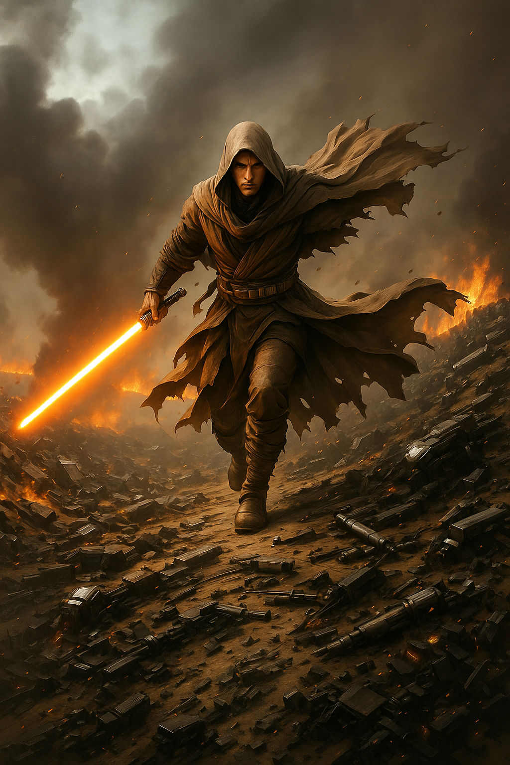 A lone Jedi warrior running through a devastated battlefield, surrounded by the wreckage of destroyed battle droids. His...