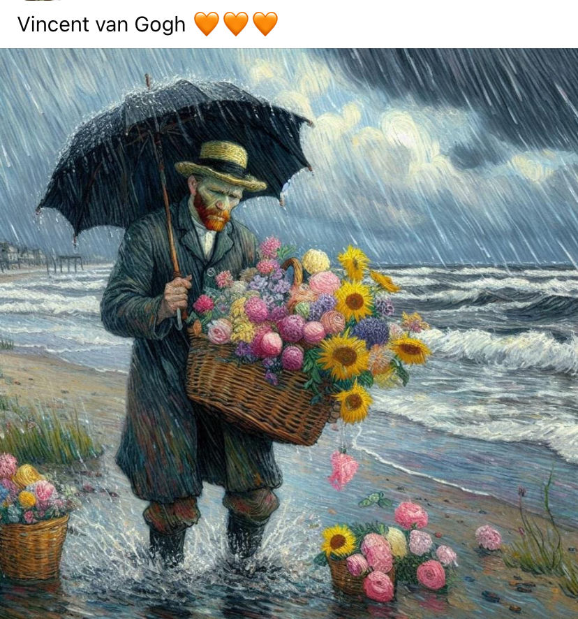 Van Gogh in the rain holding broken umbrella, with basket of flowers, wet beach, waves rolling, stormy dark sky, dusk low light