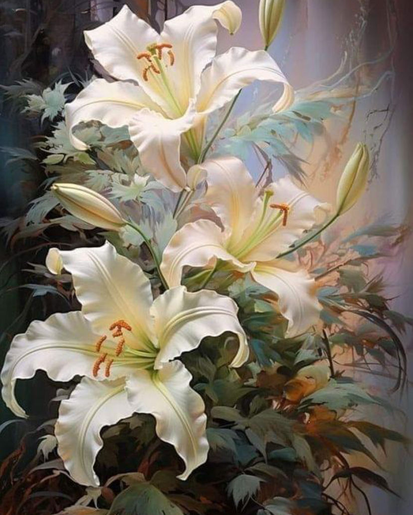 Photorealistic  WOOD FRAME, ultra sharp, lilies extend beyond edge of frame, 3D, empty white background