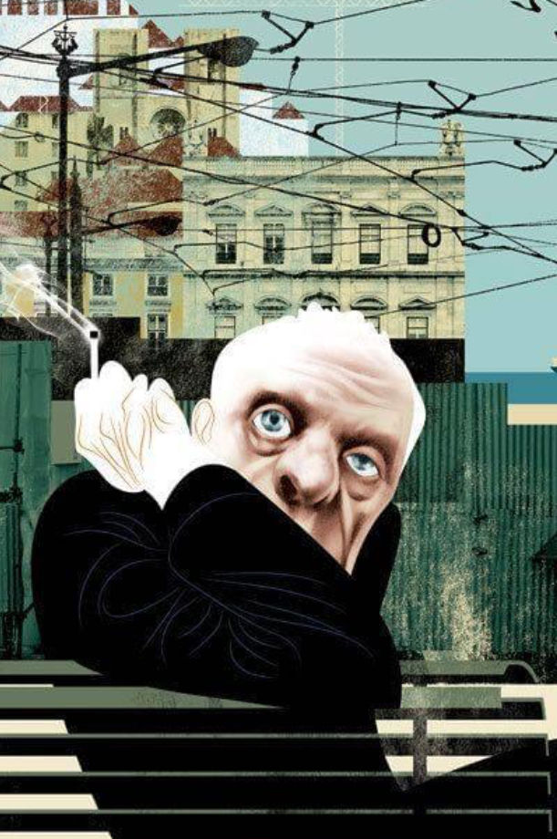 Artful image of Picasso with cityscape background, soft light, low contrast