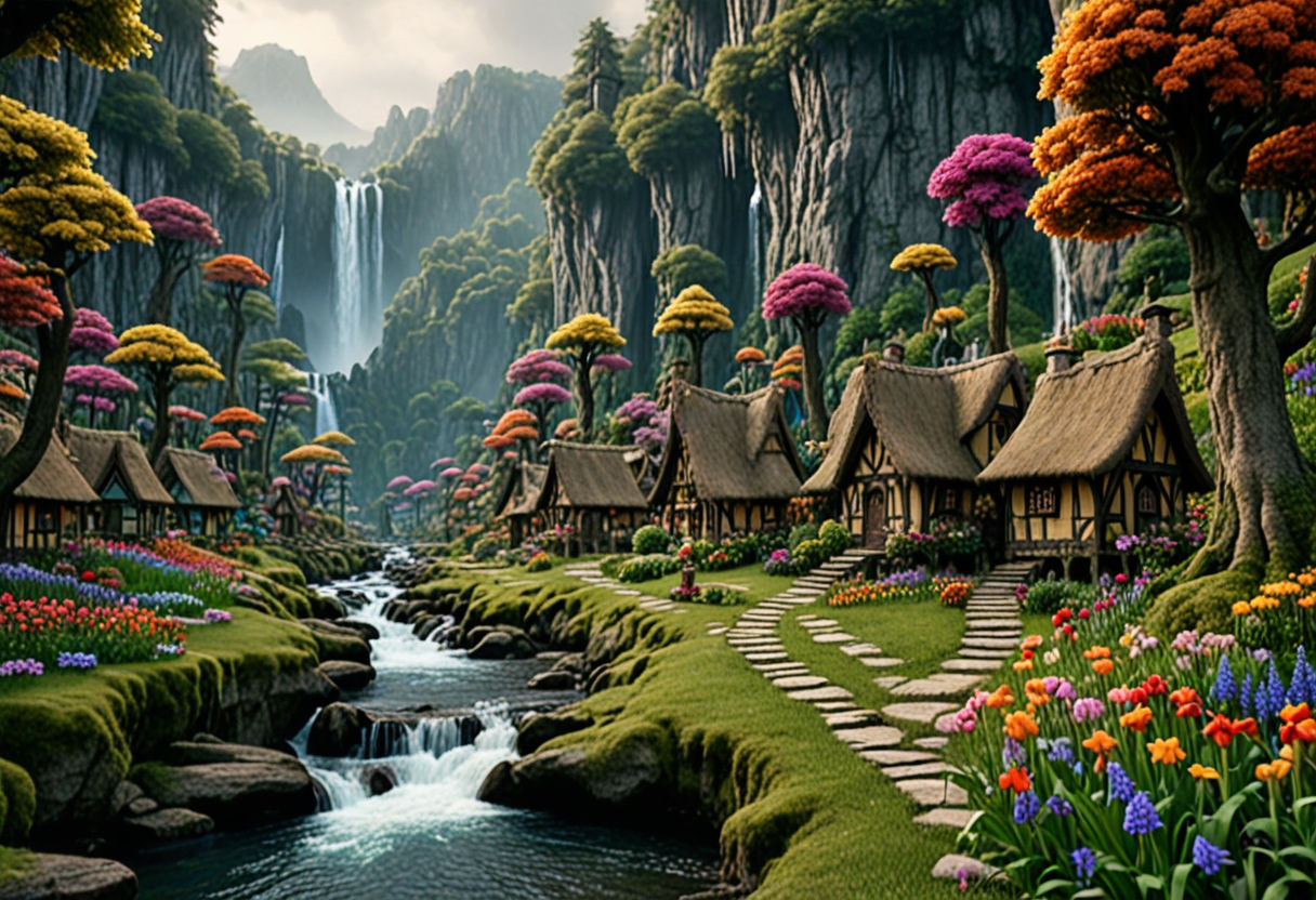 (Fantasy landscape), secluded elf village in an old forest growth of tall trees, beautiful waterfalls, colorful plants and flowers, rows of...