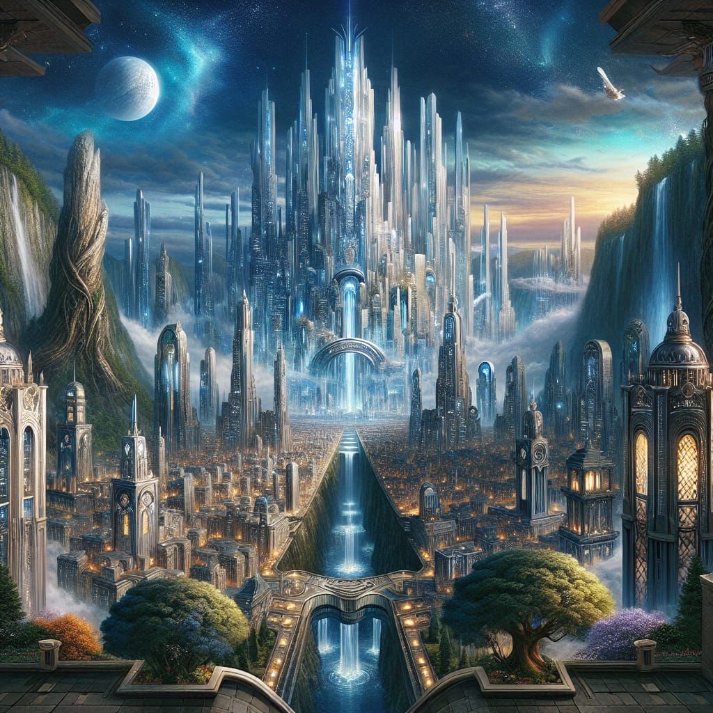 Reimagine Rivendell from the Lord of the Rings as a thriving metropolis with tall glass buildings and futuristic cityscapes; blend tradition...