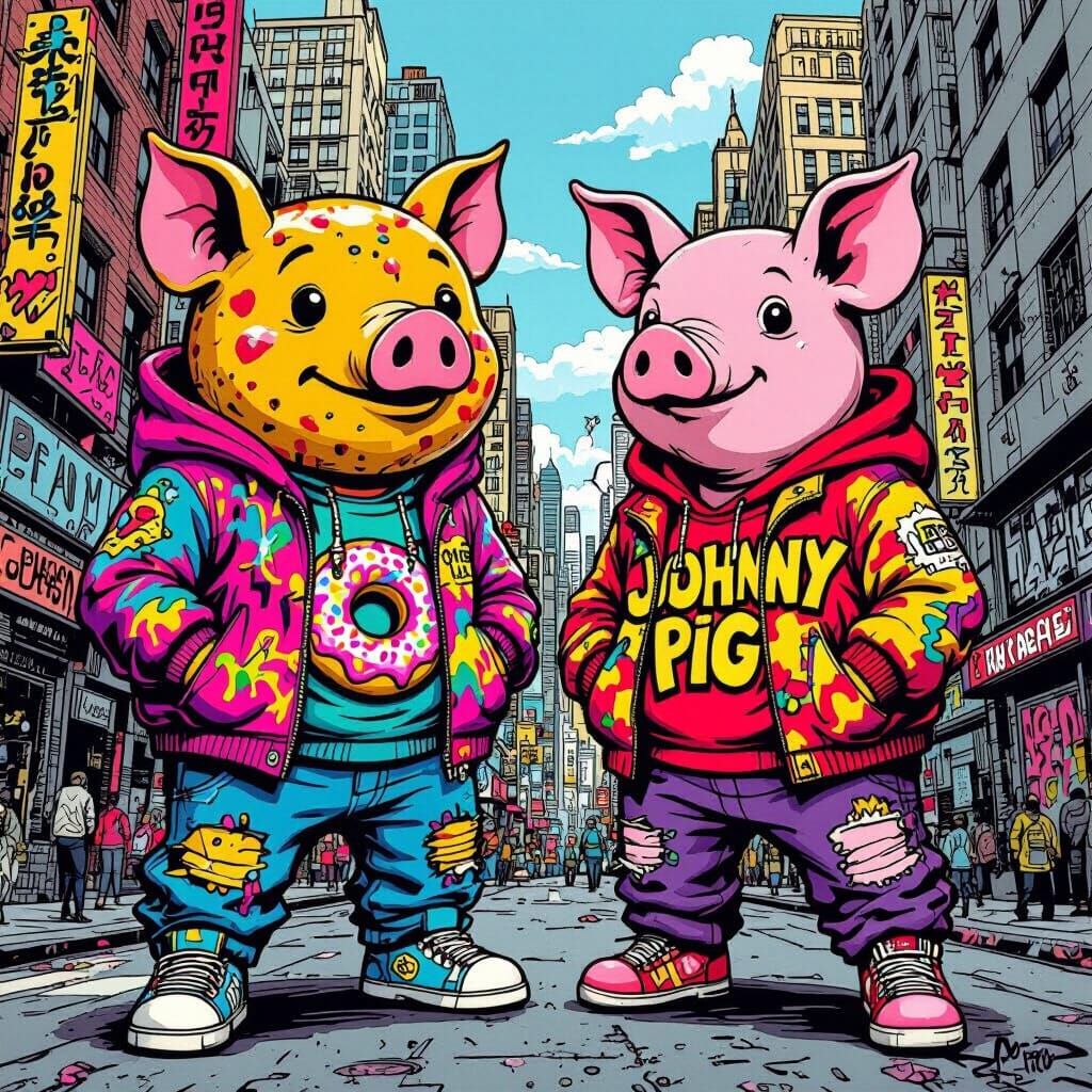 Jimmy BagOdonuts and Johnny Pig, dressed with vibrant colors and intricate details that capture breakdance in the streets. The style is remi...