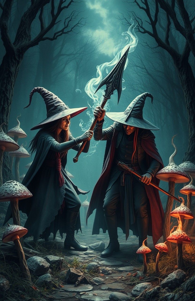 Witches fight sending themselves black magic in shaped of holographic satana,vampires,action cam.