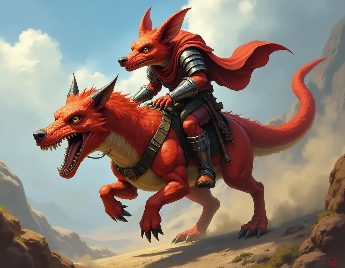 a red kobold in armor riding a fluffy furry white Acheroraptor 