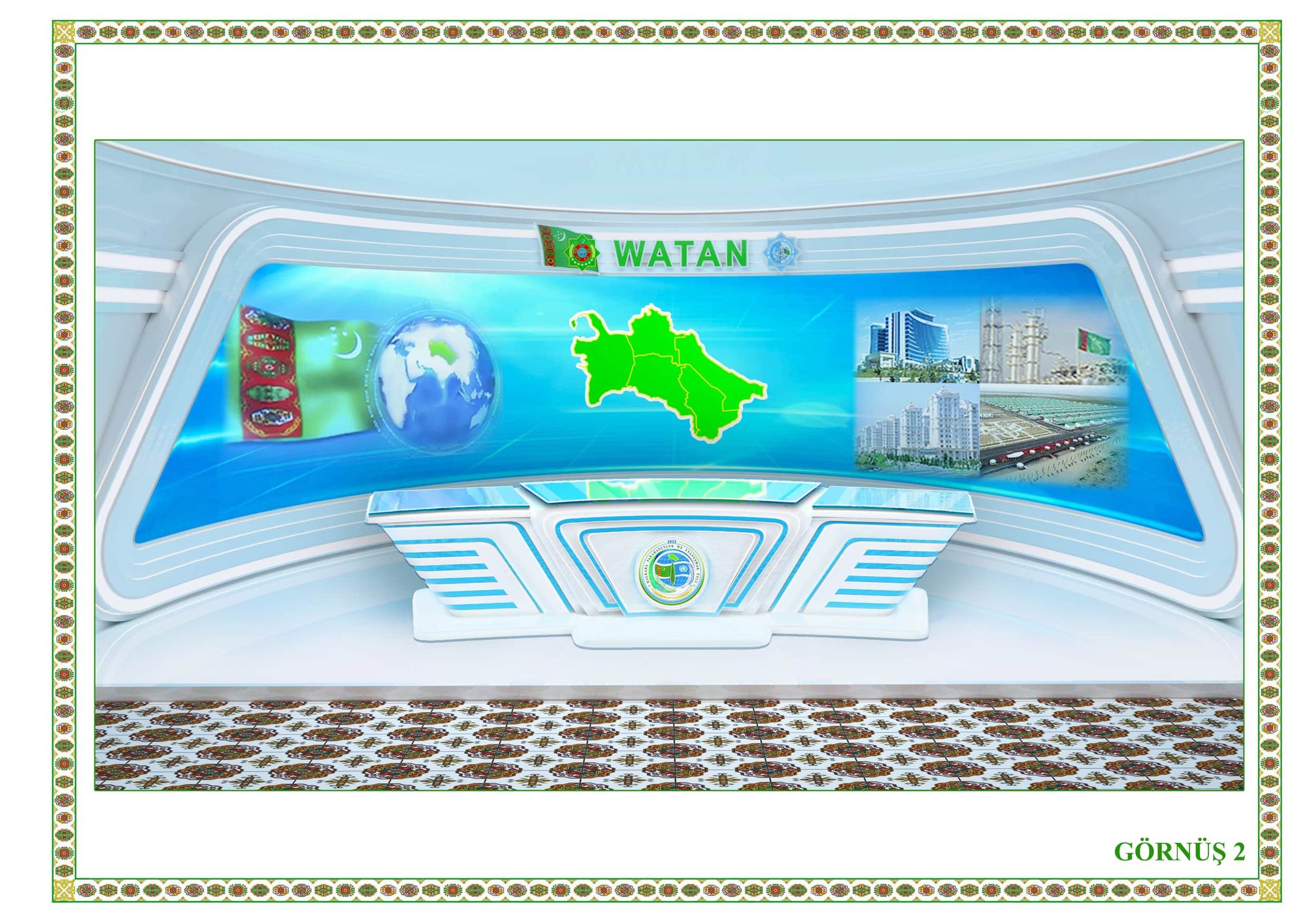 Television news studio with curved forms, elegant anchor desk in the center of a smooth elongated table in the form of a developing flag, th...