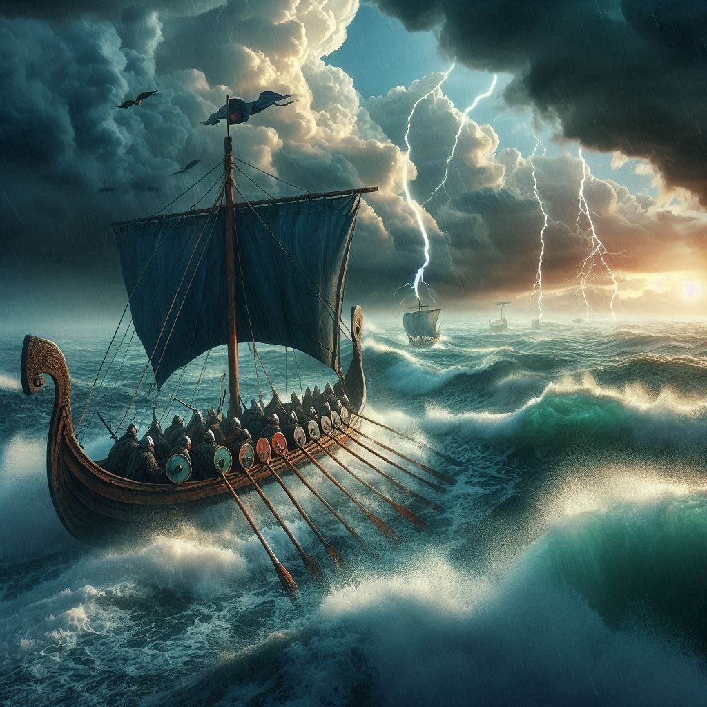 a viking longboat sails throw rough seas on the way to battle distant enemy’s as the clouds darken and a thunder storm b...