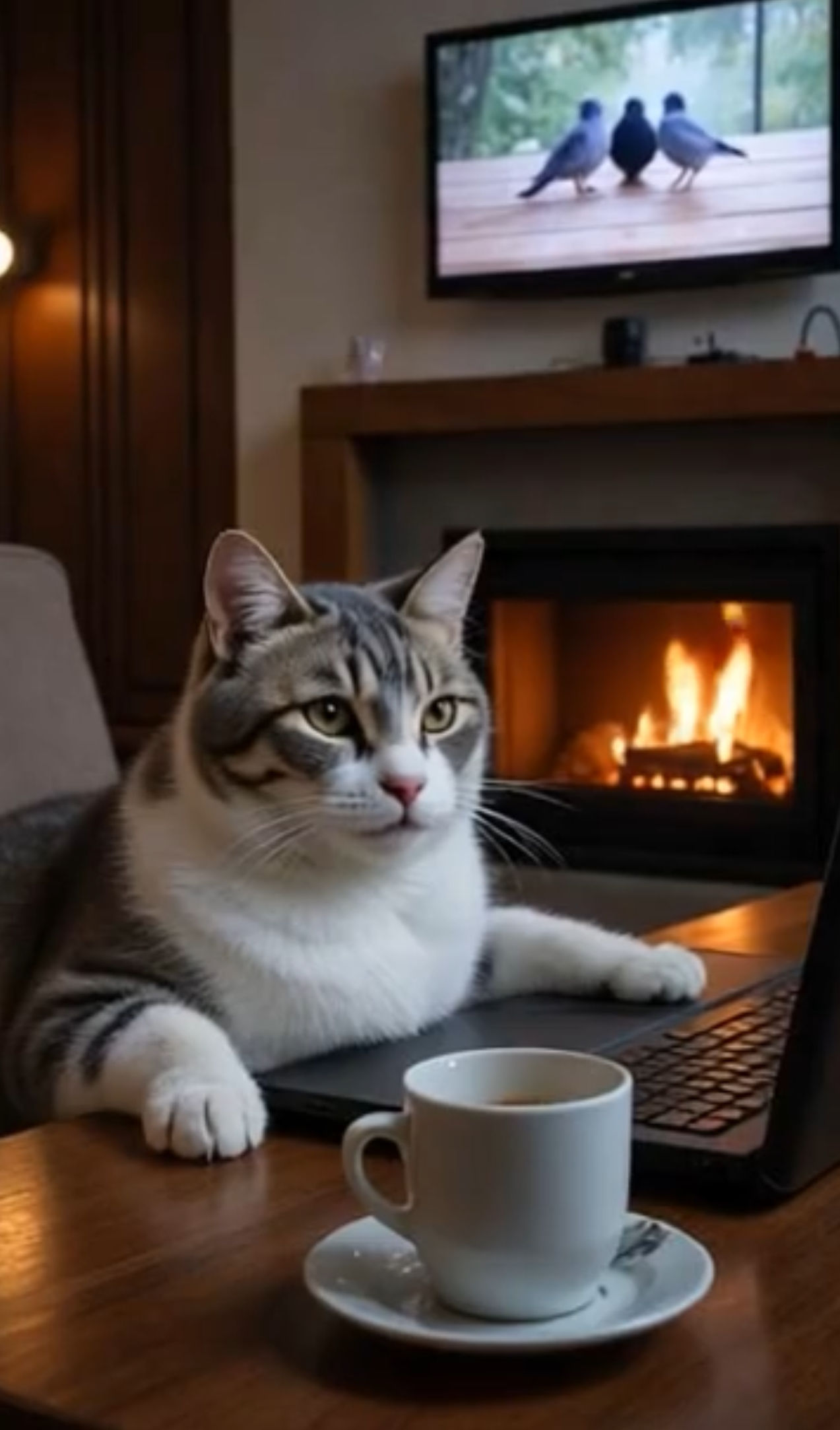 Cat closes laptop and gets down from sitting at the table while the fire is burning in the fire place and bird play on t...