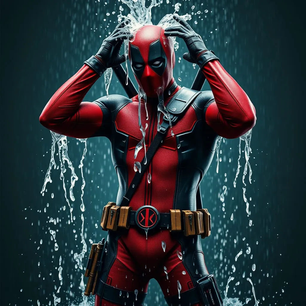 As Deadpool full body shot has water flowing over him slow motion as he wipe the water of his head and face slowly shaki...