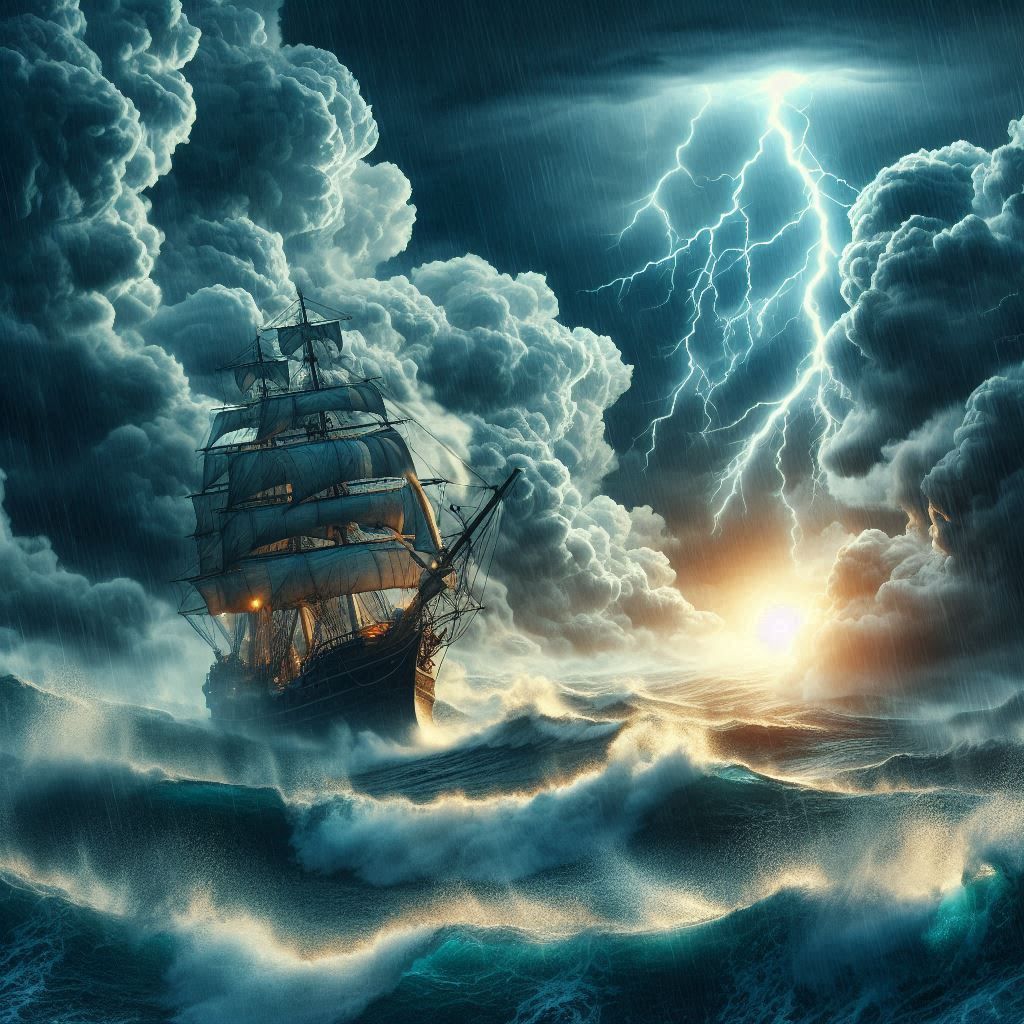 Ship sailing through heavy storm as wave through the ship about and lightning flash’s in the sky