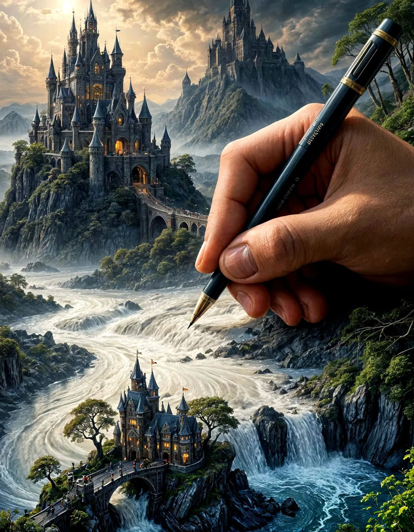 A hand drawing a fantasy scene A steampunk world with  a neon-lit of a cyberpunk city. The submarine is adorned with intricate gear a while ...