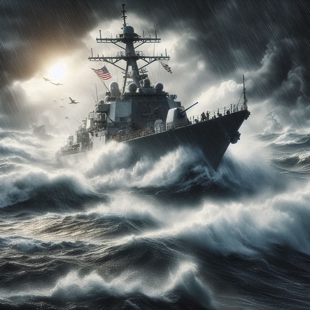 a navy ship battling through a heavy storm