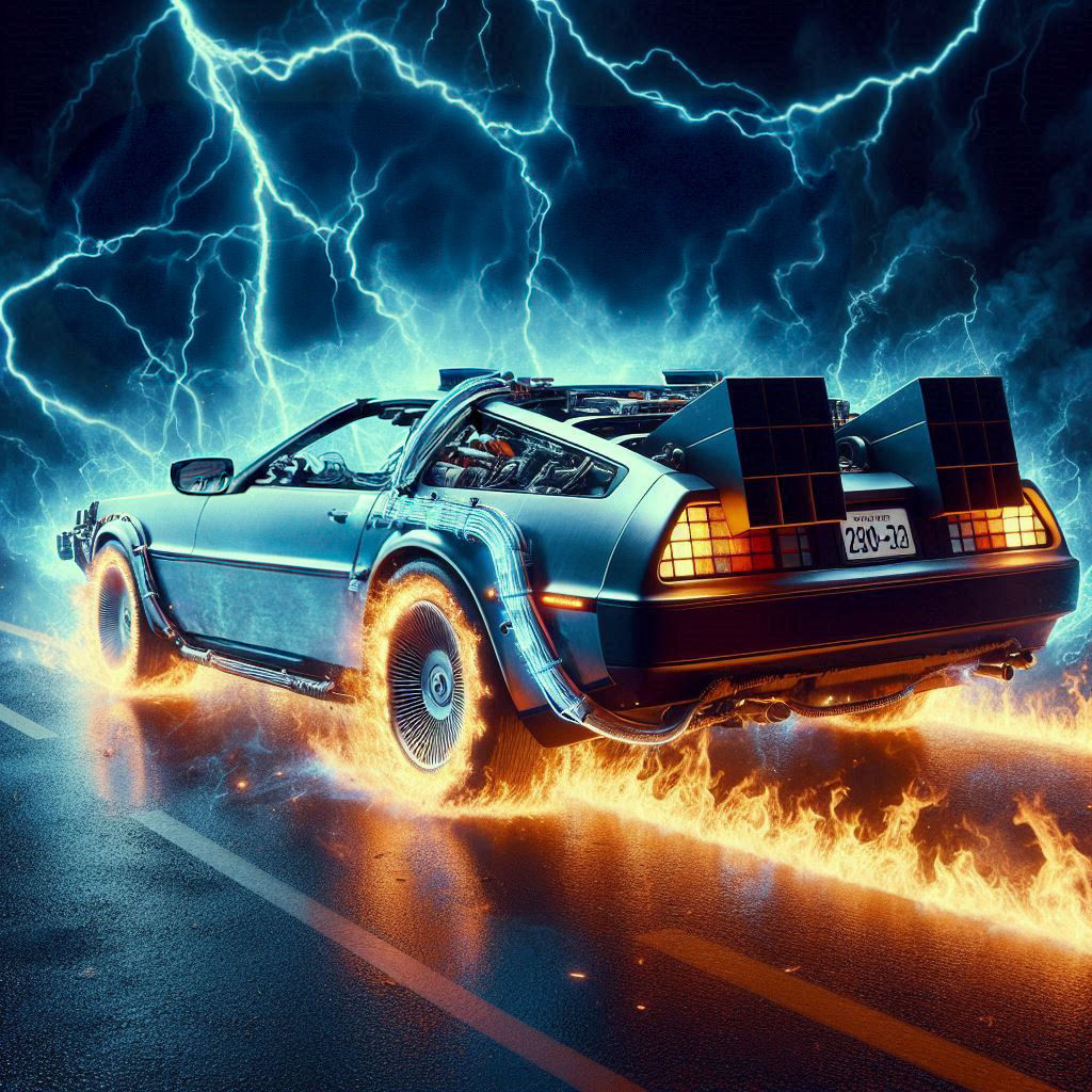 A DeLorean Time Machine car with silver metallic finish, and sleek futuristic design, speeding down a deserted street at...