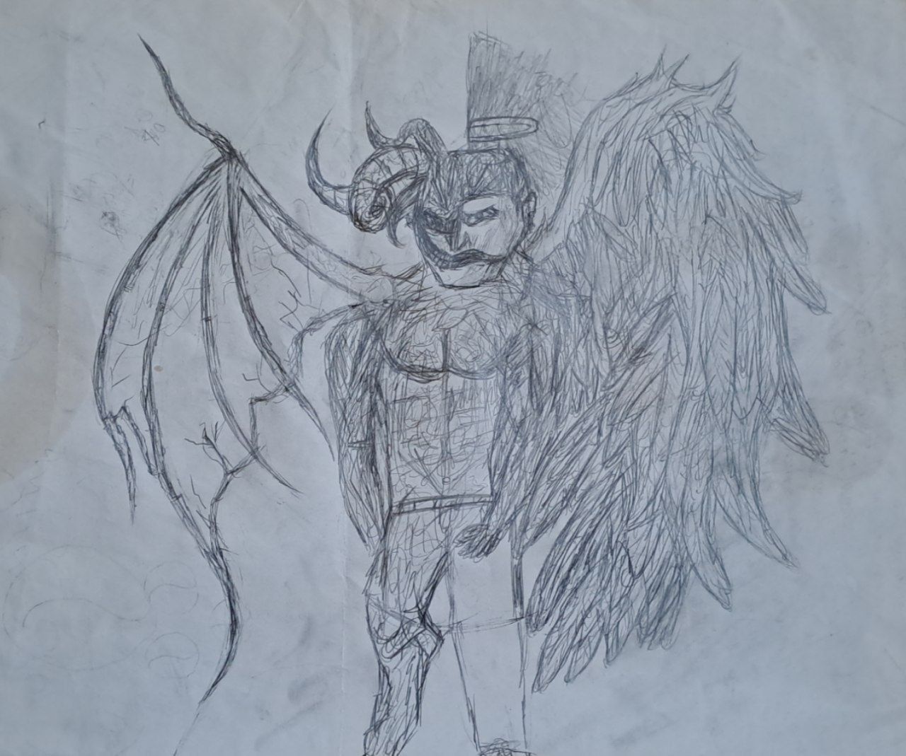 Demon fight with Angel in 1 person detailed matte painting, deep color, fantastical, intricate detail, splash screen, complementary colors,...