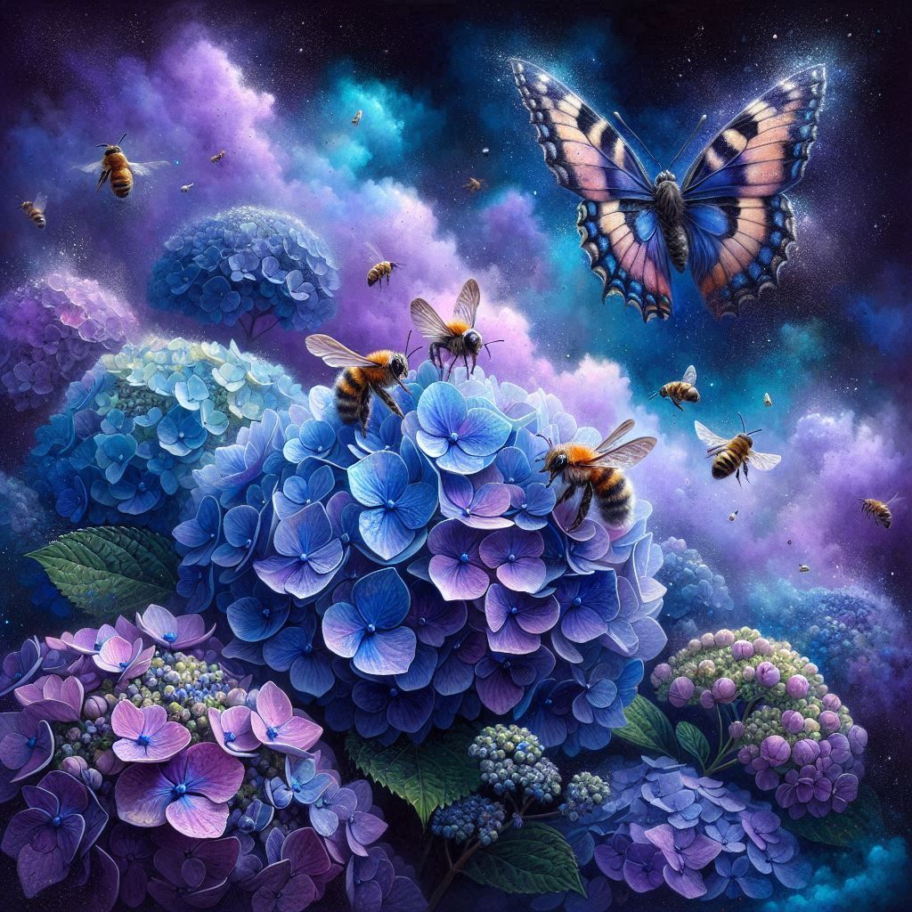 Blossoming Hydreangeas at night