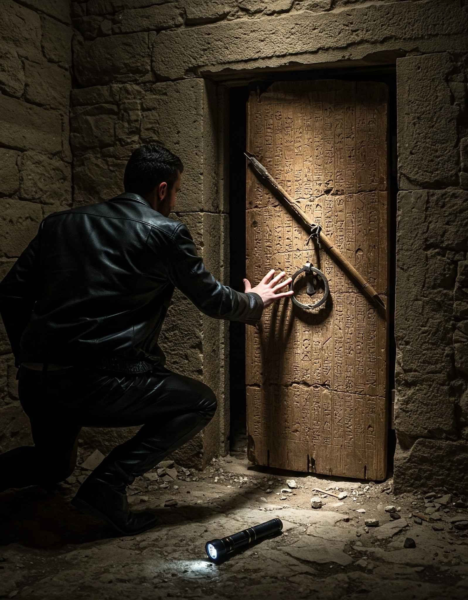 Man in worn leather jacket opens ancient, dusty door in a mysterious cave, as a fierce dragon lurks inside, cinematic li...