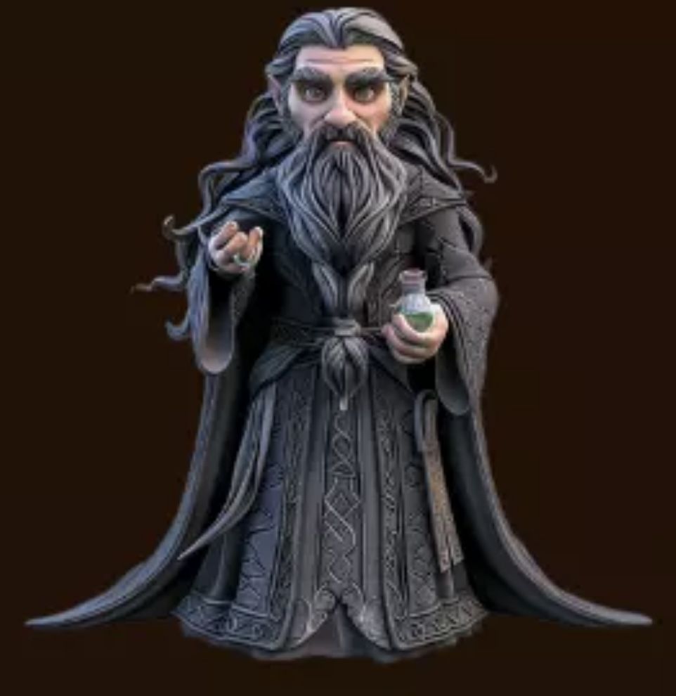 A frail old man with wispy white hair and worn, leathery skin, exhausted and stooped, wearing a green tunic with frayed edges and tattered...