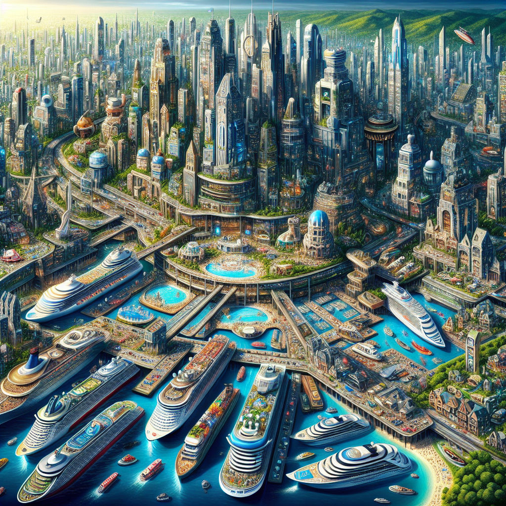 create a realistic picture with realistic graphics Huge Paradise The Huge City with Very Huge Cruise Ships and Huge Hogwarts on 19 Floors an...