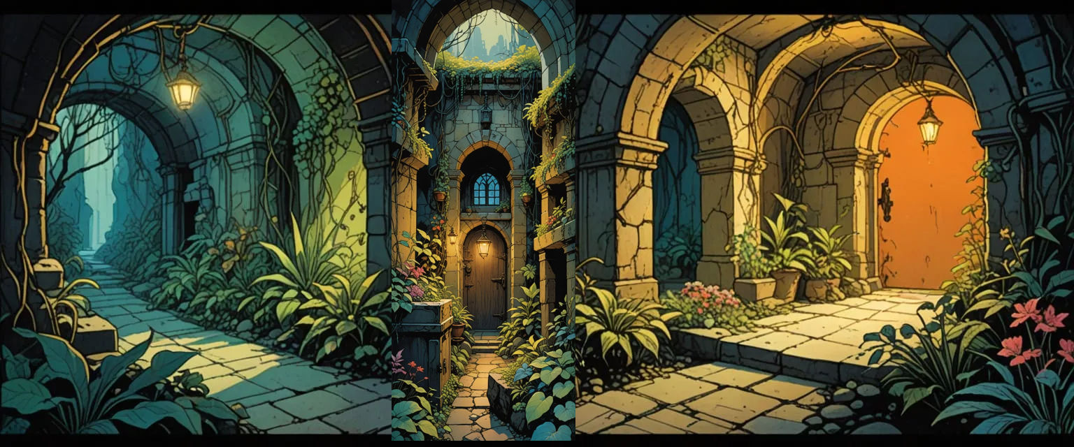 dungeon, mysterious passageway, tunnels, color lighting, stone, polished, vines, tropical plants, flowers, goblins, treasure chest, swords, ...