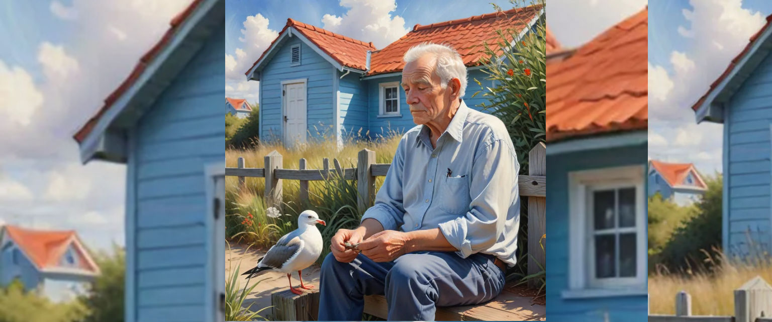 quaint naive scene, an elderly man sitting on a sandy path, beach cottage, wood picket fence,  seagull, clear daylight, late afternoon sunli...