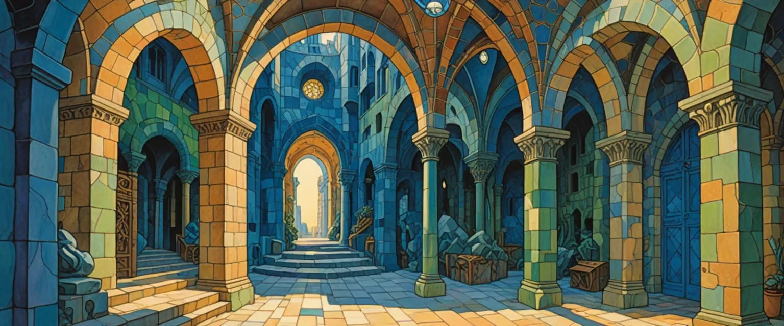 abandoned passageway, dungeon, monastery, mysterious, stone walls, stairs, arches, doorways, flowers, vines, courtyard, runes, bridge, comic...