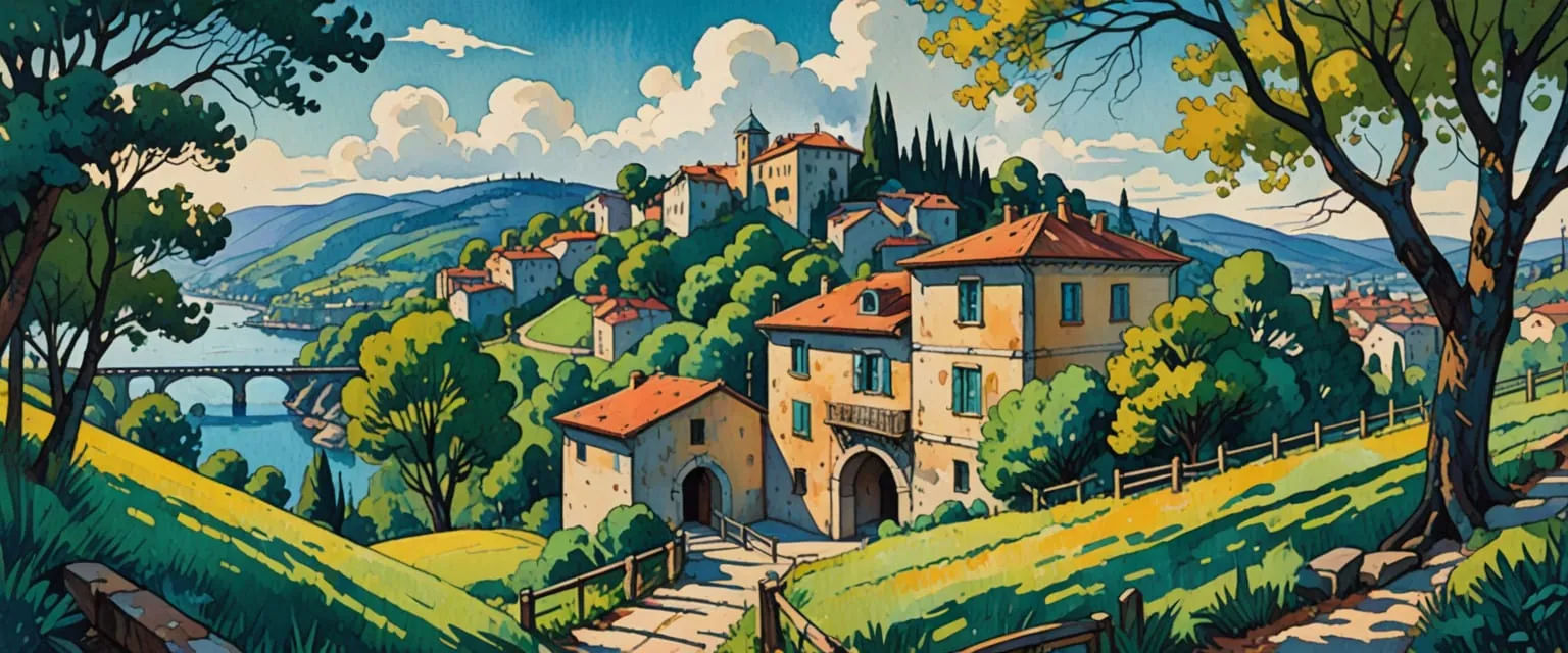 houses, lawns, trees, huge sky, wide open spaces, watercolor, gouache, retro comic book, moebius, erin hanson, ghibli, cezanne, bright after...
